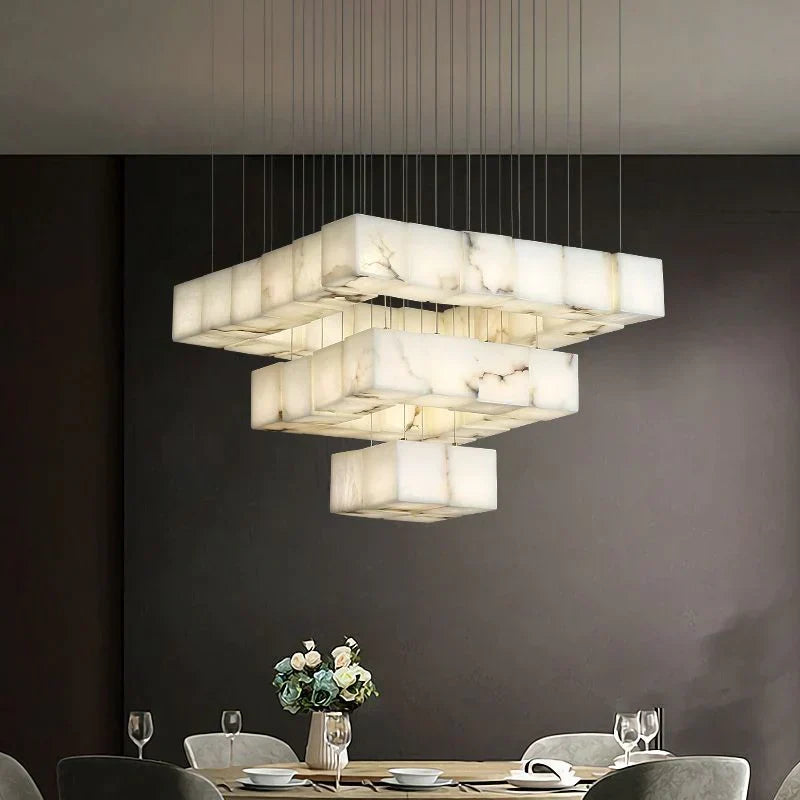 Olive Alabaster Cubic Round Pendant For Dining Table, Staircase