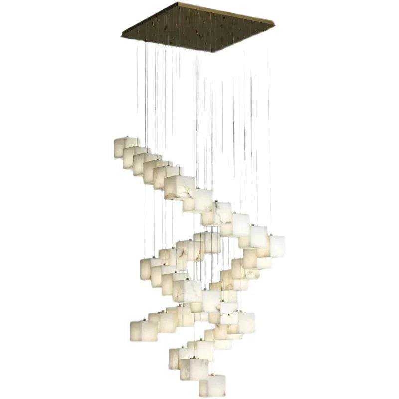 Olive Alabaster Cubic Round Pendant For Dining Table, Staircase