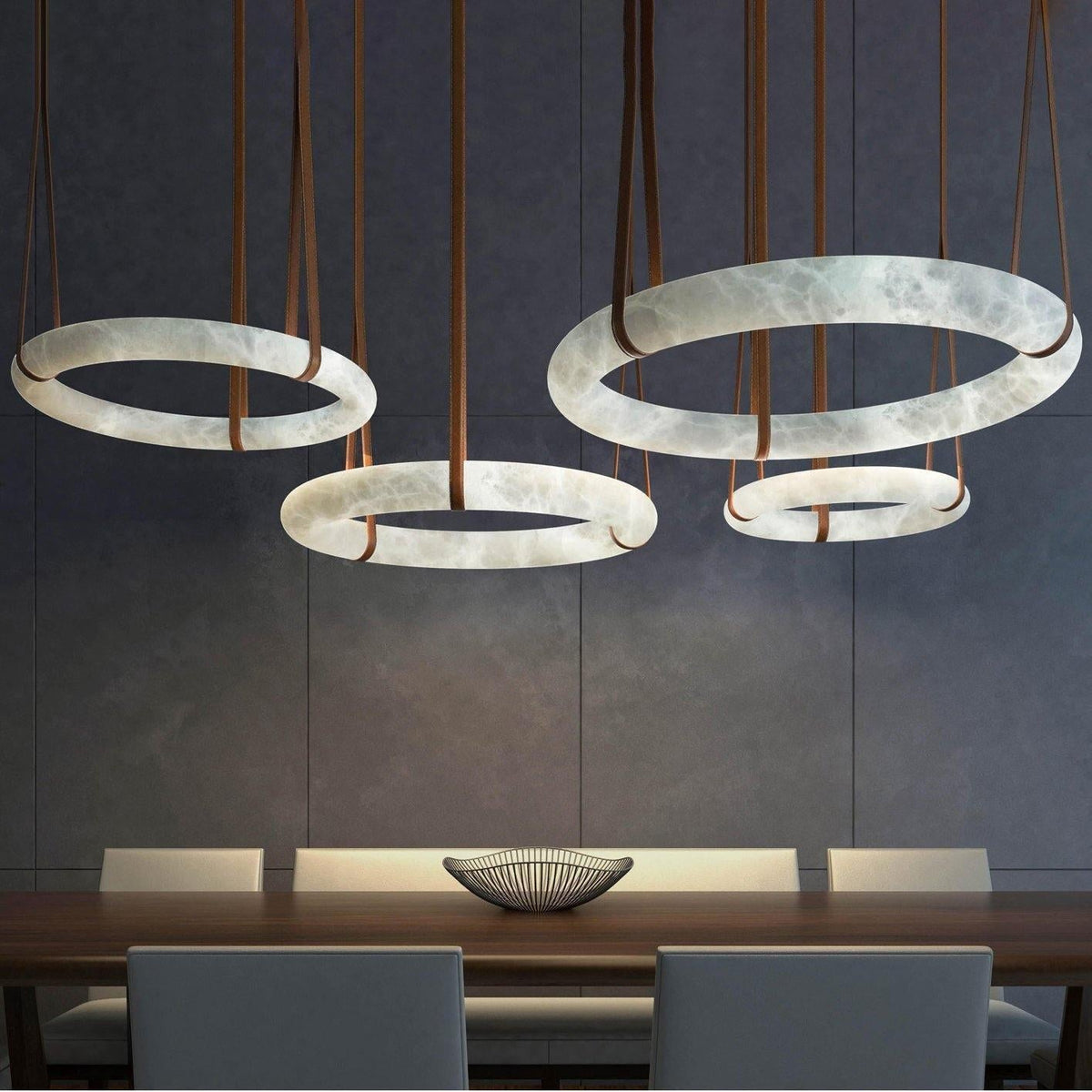 Oslo Pendant Alabaster Chandelier, Halo Ring Chandelier With Leather