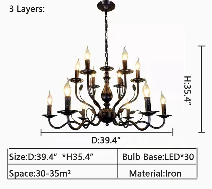 Multi Layer Iron Chandelier with Electronic Candles in Vintage Country Style for Living Room Cafe and Study
