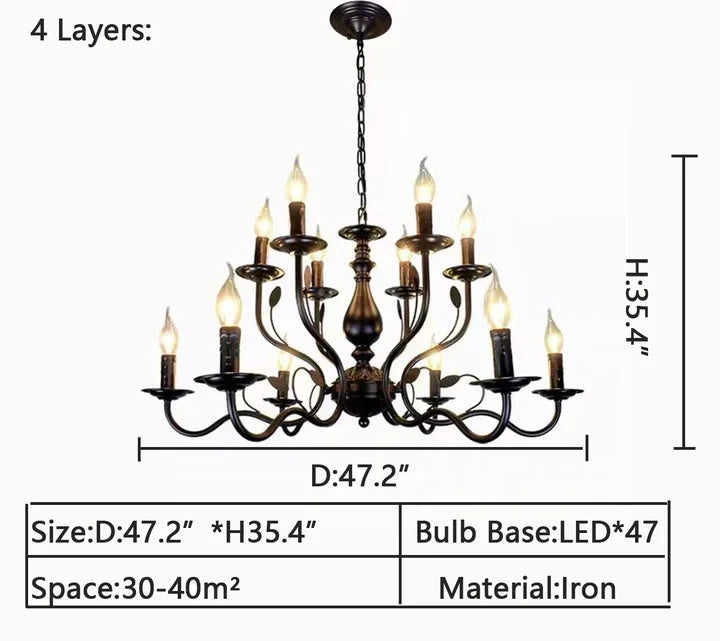 Multi Layer Iron Chandelier with Electronic Candles in Vintage Country Style for Living Room Cafe and Study