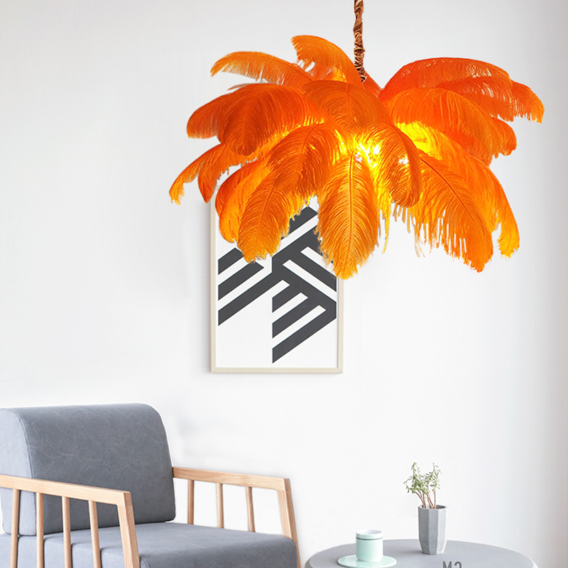 Art Deco Colorized Feather Brass Branch Chandelier