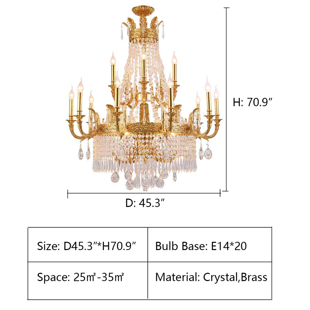 3 layers: D45.3*H70.9" Large Oversized Luxury Golden Metal Brass  Candle Crystal Tassel Chandelier  For High-ceiling Staircase/Entryway/Hallway/Living/Meeting Room
