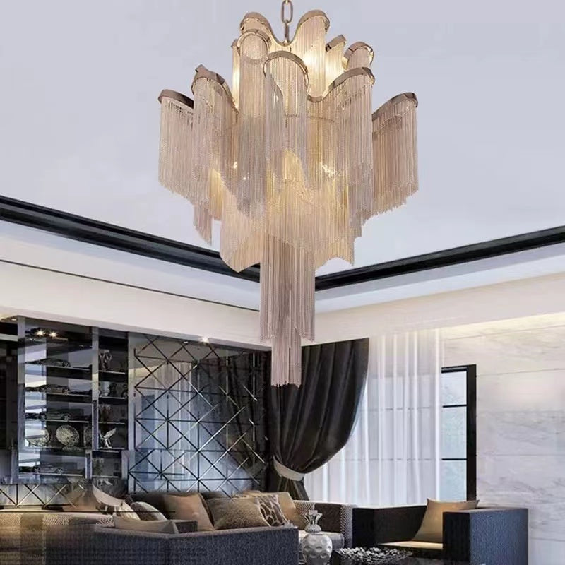 Post-Modern Extra Large Stainless Steel Long Tassel Chandelier for Large Living Room / Staircase / Villa / Duplexes