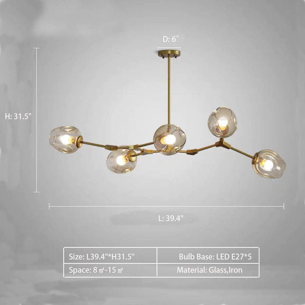 5Heads: L39.4"*H31.5"  Gaia 5 - Light Sputnik Modern Linear Chandelier,chandelier,chandeliers,glass,metal,iron,cup,branch,fashion,trendy,multi-head,pendant,extra large,oversize,large,huge,big,long table,big table,kitchen island,kitchen bar,dining table,dining bar