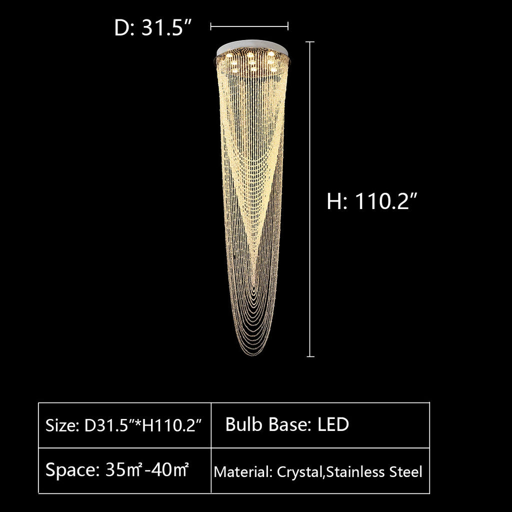 D31.5"*H110.2" chandelier,chandeliers,extra large,large,oversize,big,huge,waterfall,tassel,cone,stairs,loft,foyer,villa,silver,chrome,flush mount,ceiling,round