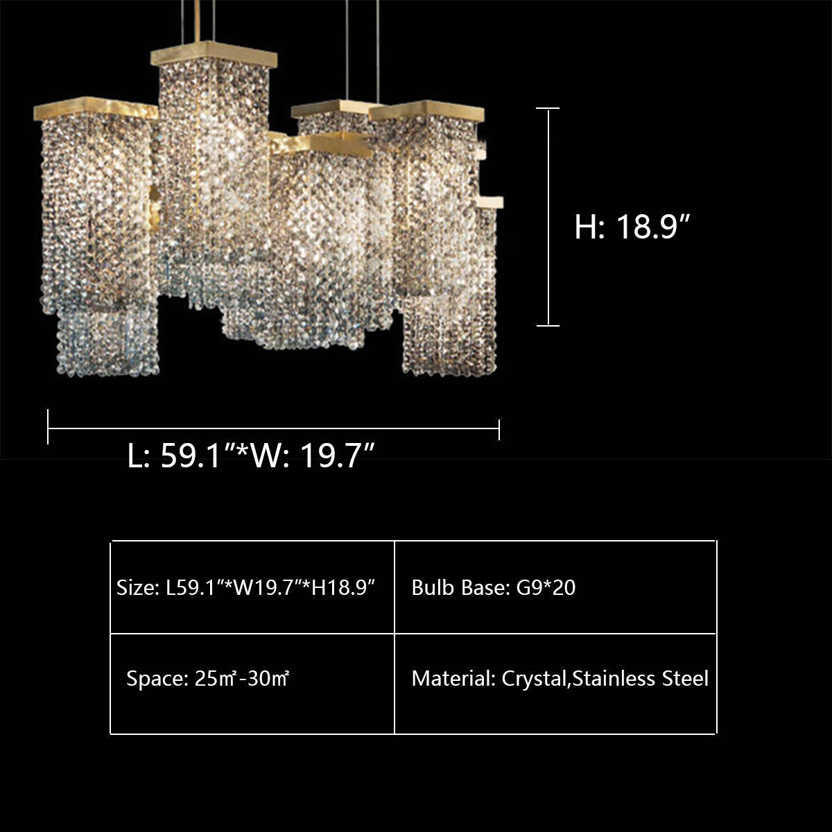 L59.1"*W19.7"*H18.9" chandelier,chandeliers,rectangular,brass,crystal,kitchen island,dining room,living room,dining room chandelier,crystal fixture light,light luxury