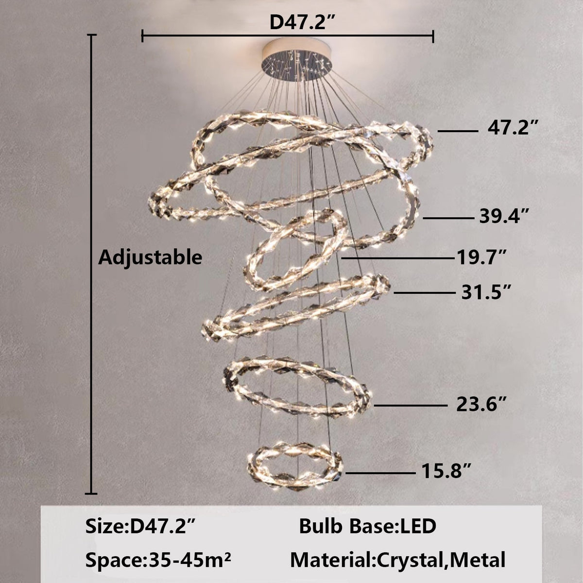6 rings D47.2" Modern Extra Large Multi-layers Ring Ceiling Crystal Chandelier For Staircase/Foyer/Hallway