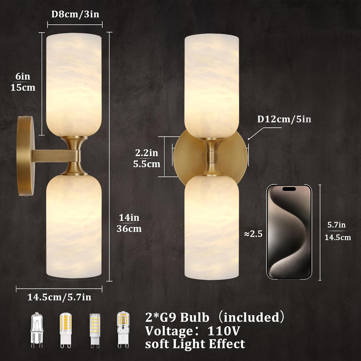 Elegant Alabaster Wall Sconce with Brass Finish 14in