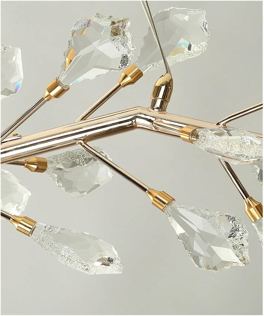Sleek Modern Branch Crystal Leaves Linear Chandelier for Kitchen Island and Dining Room
