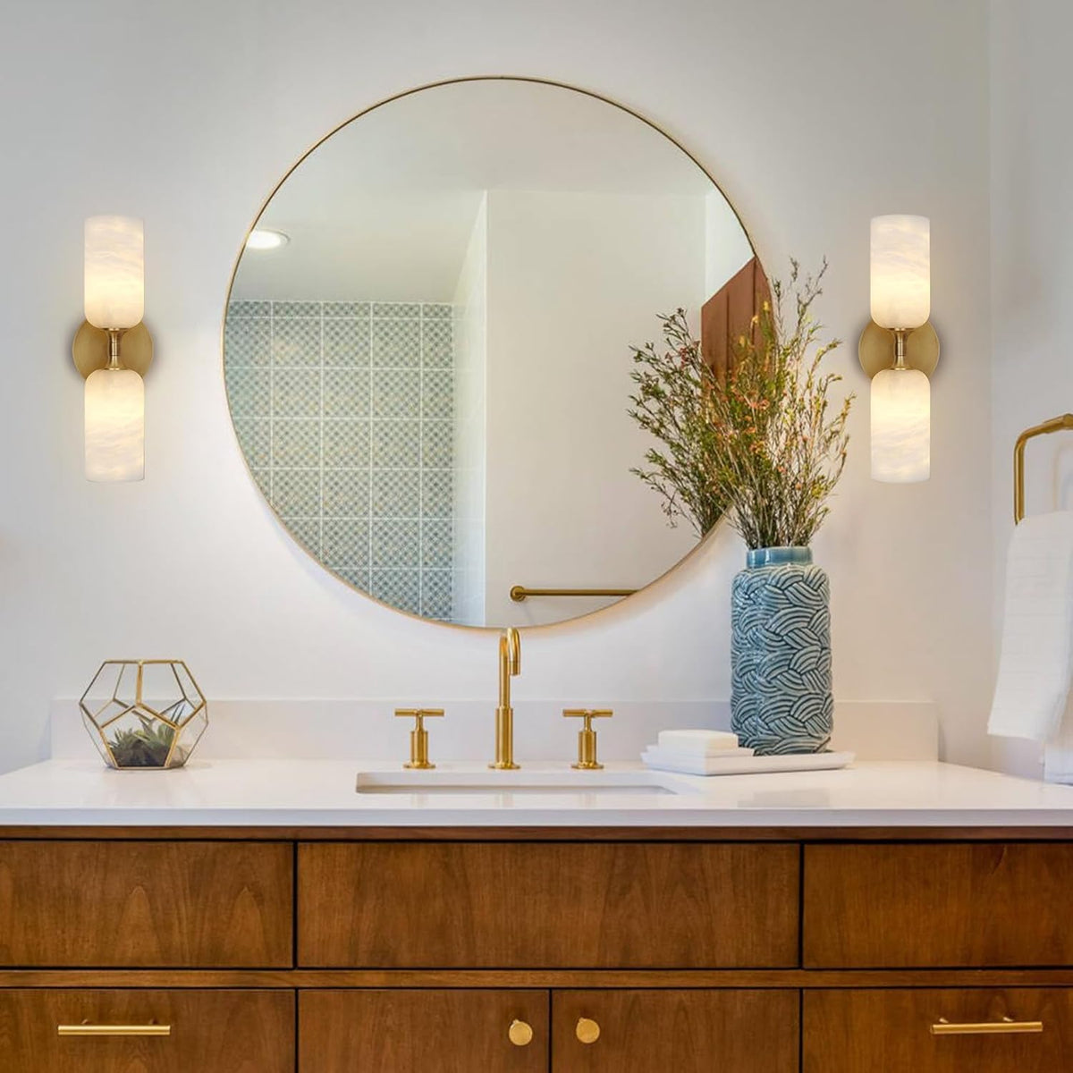 Elegant Alabaster Wall Sconce with Brass Finish 14in