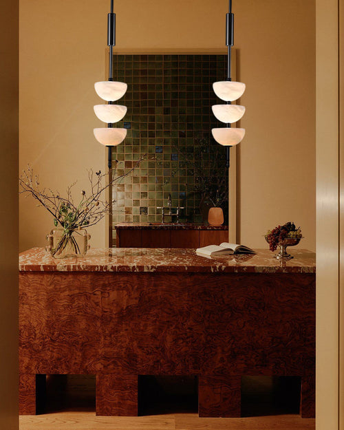 Alabaster Triple Half Spheres Vertical Suspension Lights Lacquered Burnished Brass/Bronze