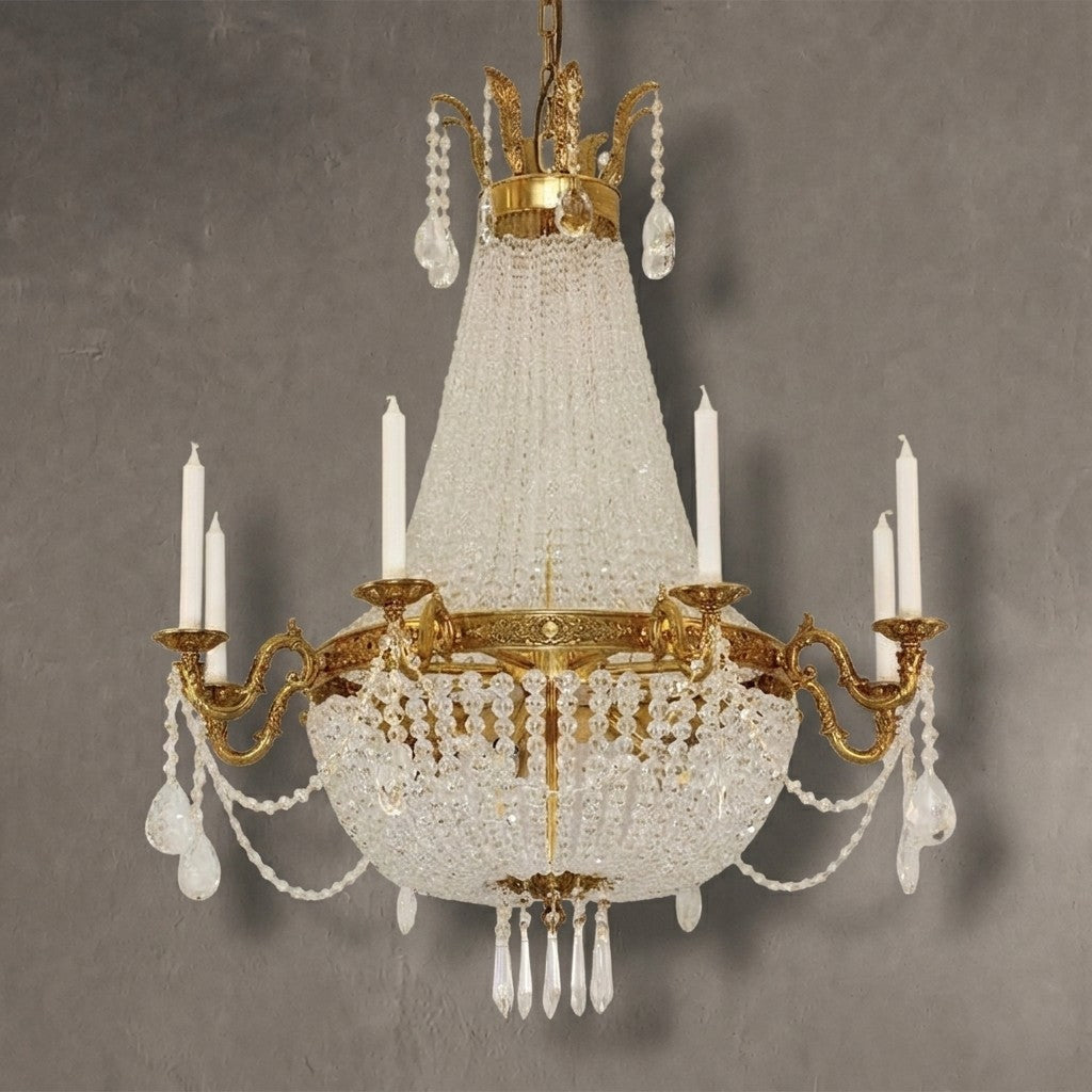 8/12/15 Lights Decorative Empire Brass Candles Crystal Chandelier Romantic Foyer Living Room Ceiling Light Fixture in Pure Copper Finish