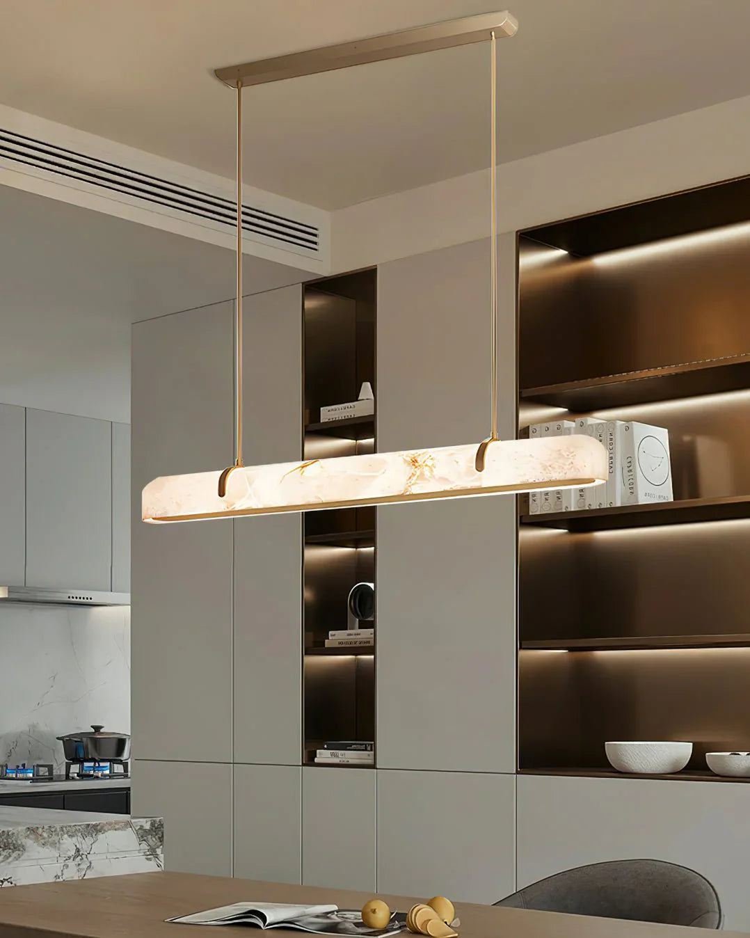 Elegant Alabaster Linear Brass Chandelier with LED Glow