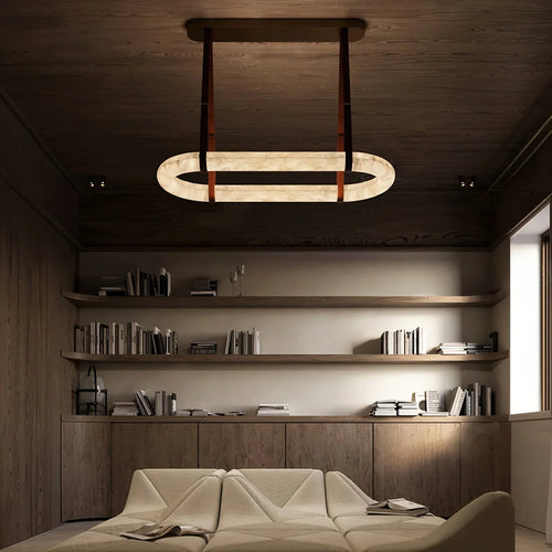 Alabaster Round Leather Chandelier – Luxury LED Ceiling Light