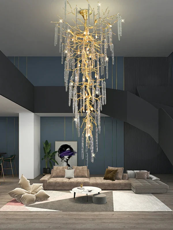 Extra Large Brass Tree Branch LED Chanderlier Crystal Bar Drops Ceiling Light Fixture For Foyer Living Room Hall