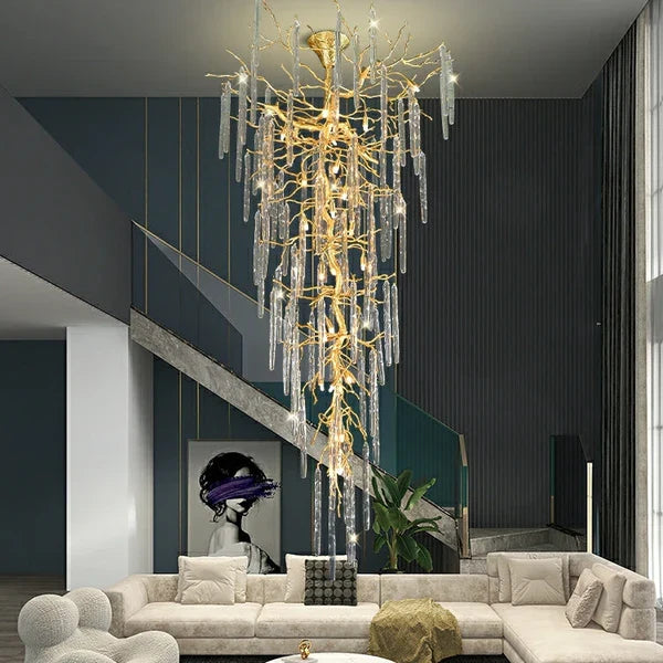 Extra Large Brass Tree Branch LED Chanderlier Crystal Bar Drops Ceiling Light Fixture For Foyer Living Room Hall