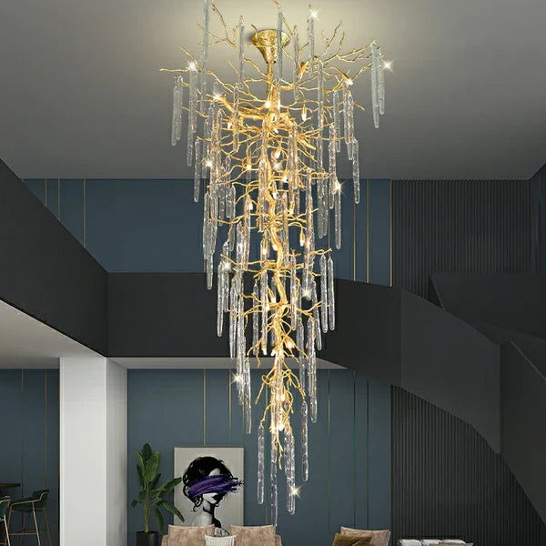 Extra Large Brass Tree Branch LED Chanderlier Crystal Bar Drops Ceiling Light Fixture For Foyer Living Room Hall