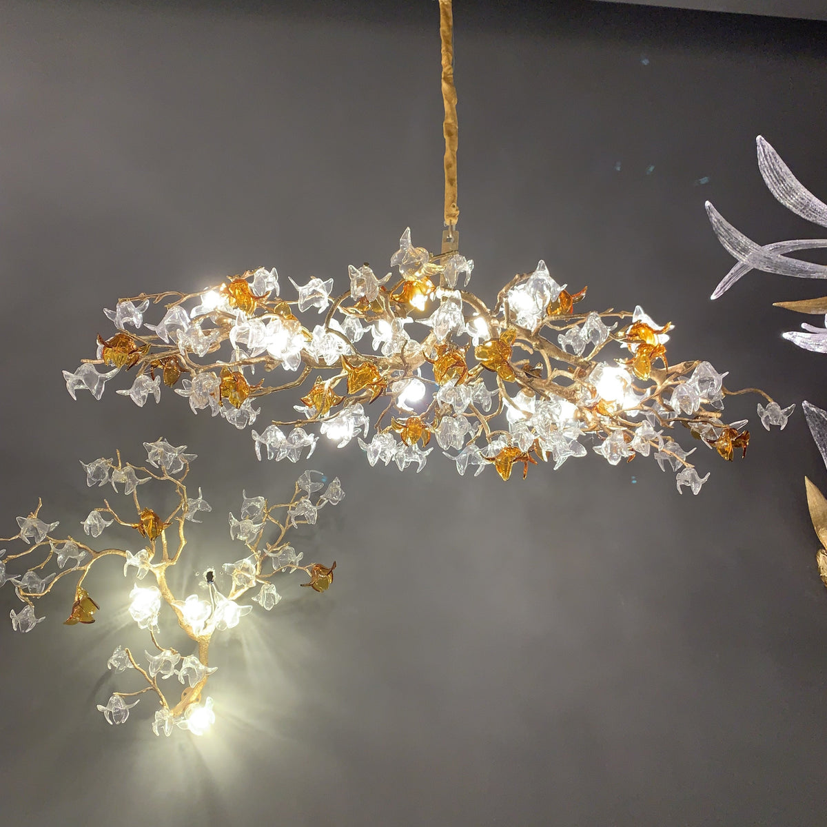 Designer Favorite Brass Branch Chandelier with Artistic Flower Glass for Dining Room Living Room and Kitchen Island