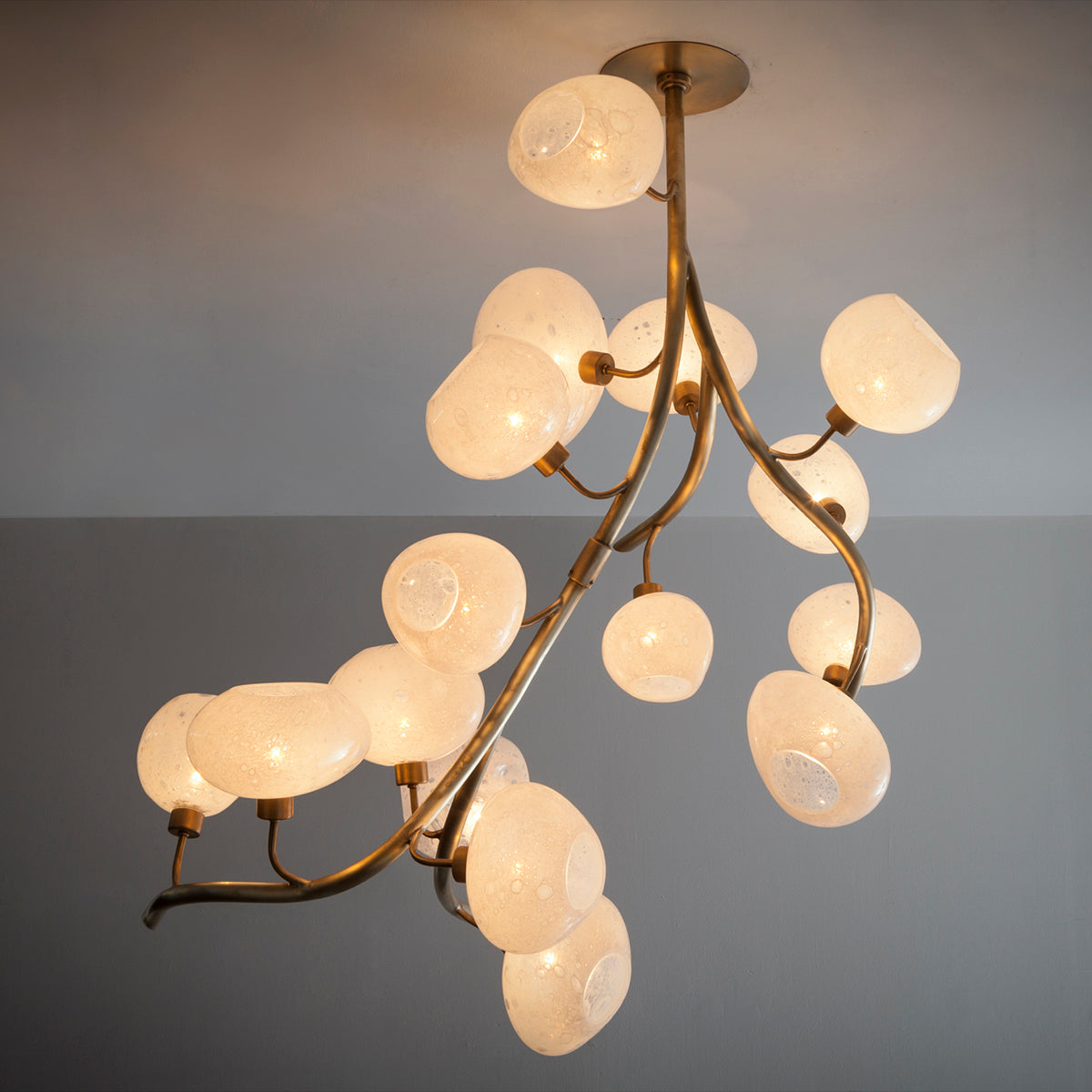 Modern Chandelier with Irregular Glass Lampshades and Brass Branches