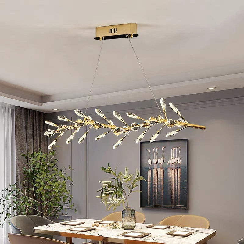 Sleek Modern Branch Crystal Leaves Linear Chandelier for Kitchen Island and Dining Room
