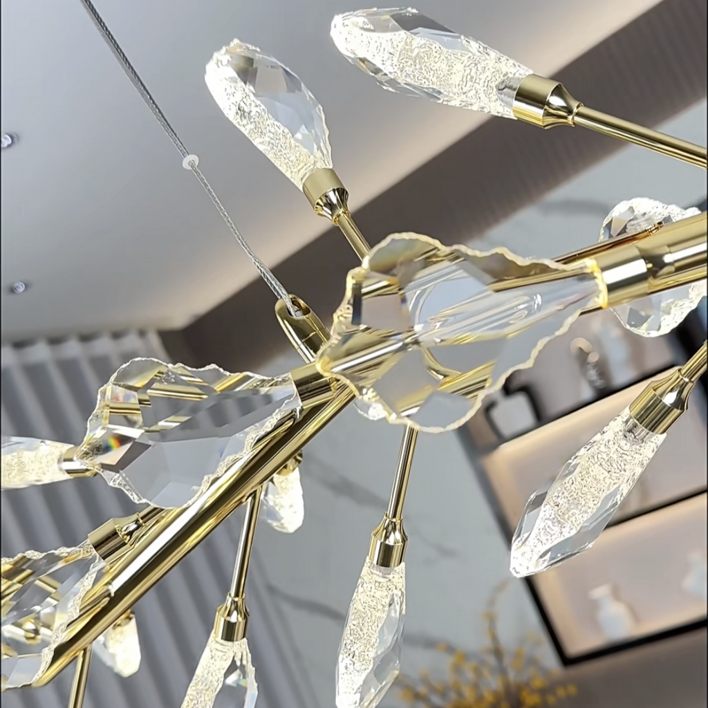 Sleek Modern Branch Crystal Leaves Linear Chandelier for Kitchen Island and Dining Room