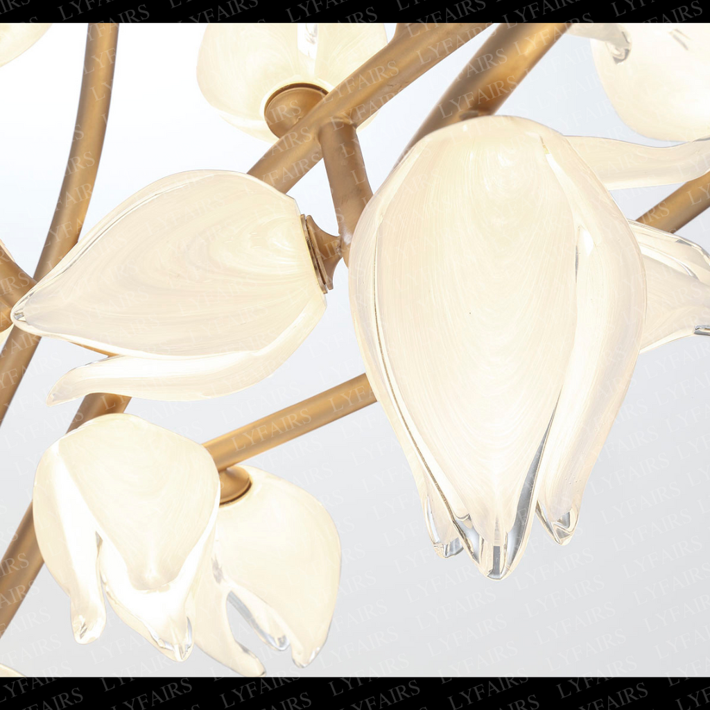 Modern Glass Flower Branch Chandelier for Low Ceiling Spaces in Living Room or Bedroom