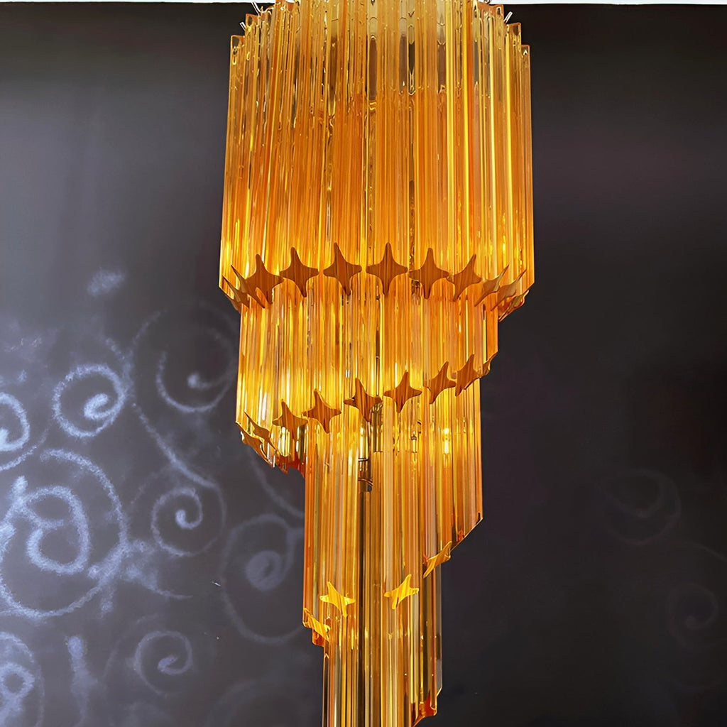 Chandelier  Spiral Prism Glass Hand-Cut Faceted Prisms Nickel Frame Pink Amber