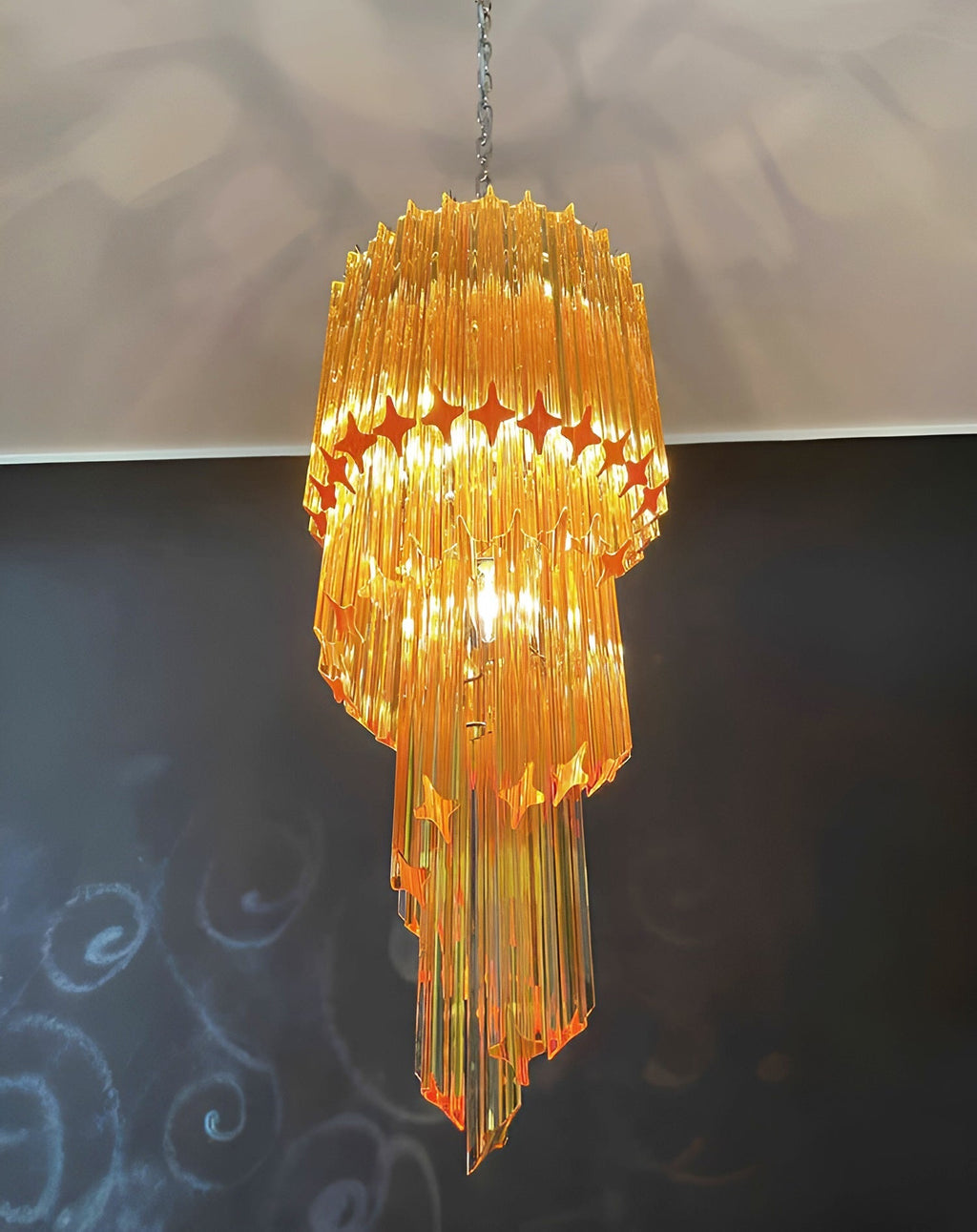 Chandelier  Spiral Prism Glass Hand-Cut Faceted Prisms Nickel Frame Pink Amber