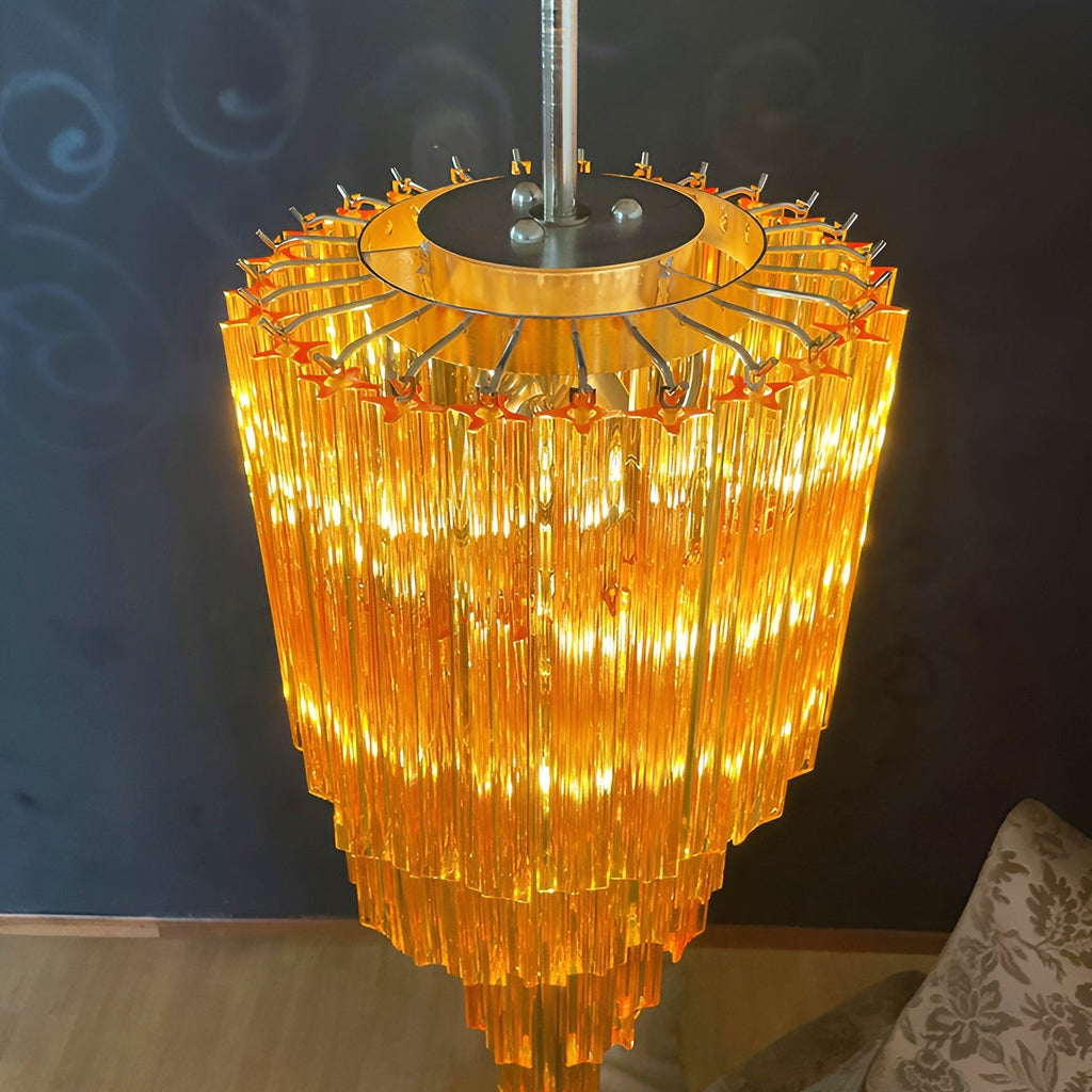 Chandelier  Spiral Prism Glass Hand-Cut Faceted Prisms Nickel Frame Pink Amber