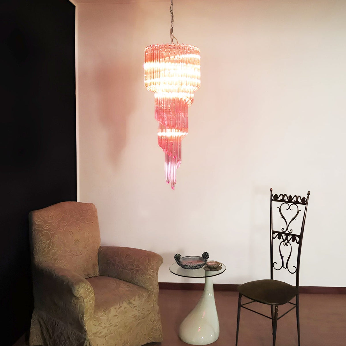 Chandelier  Spiral Prism Glass Hand-Cut Faceted Prisms Nickel Frame Pink Amber