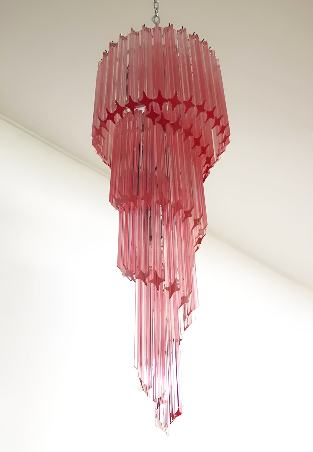 Chandelier  Spiral Prism Glass Hand-Cut Faceted Prisms Nickel Frame Pink Amber