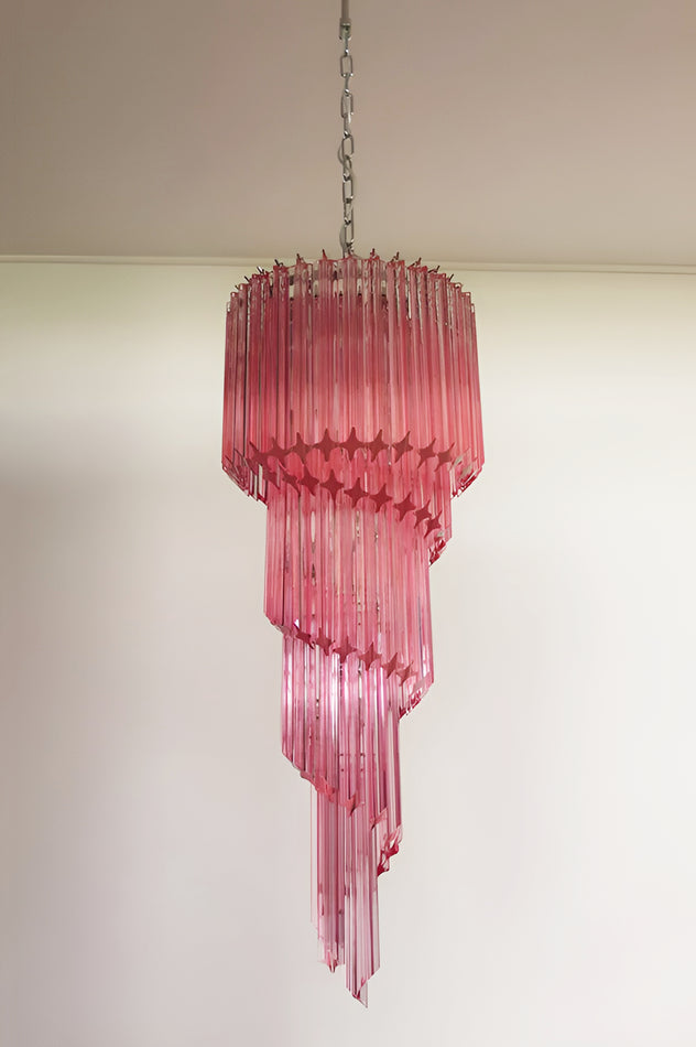 Chandelier  Spiral Prism Glass Hand-Cut Faceted Prisms Nickel Frame Pink Amber