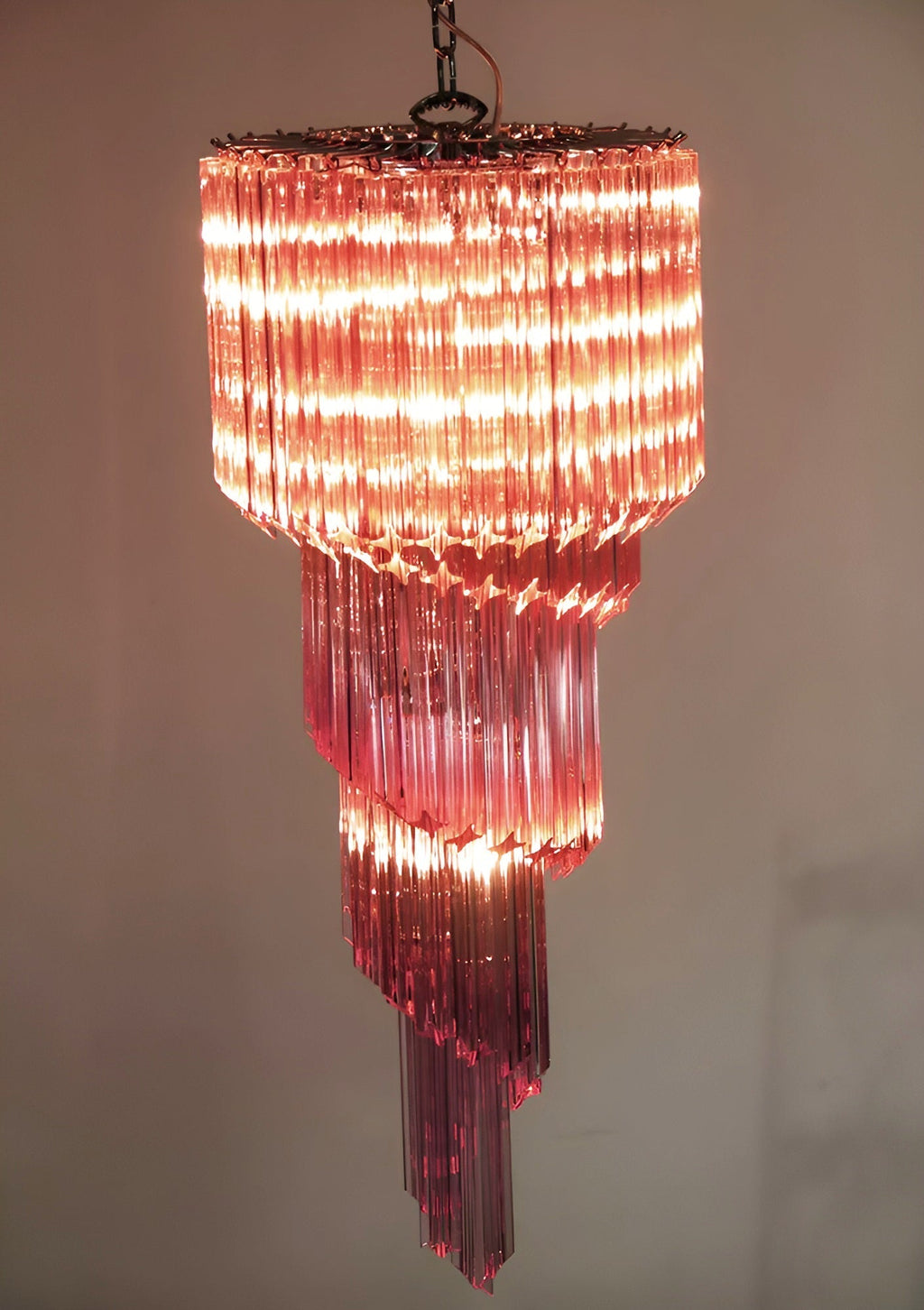 Chandelier  Spiral Prism Glass Hand-Cut Faceted Prisms Nickel Frame Pink Amber