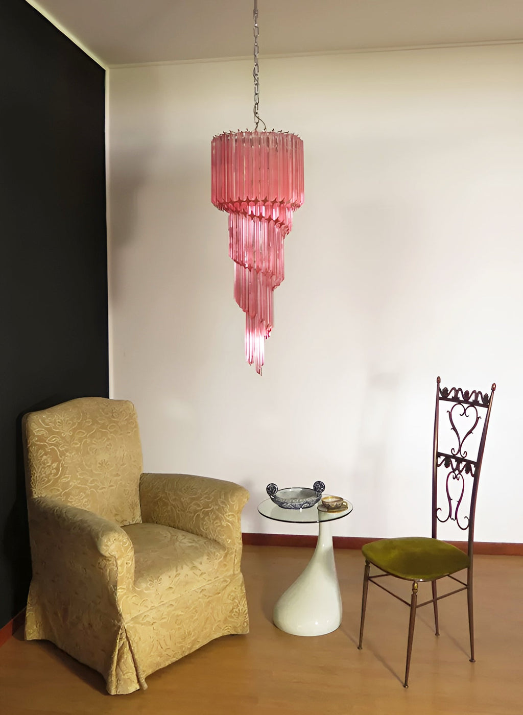 Chandelier  Spiral Prism Glass Hand-Cut Faceted Prisms Nickel Frame Pink Amber