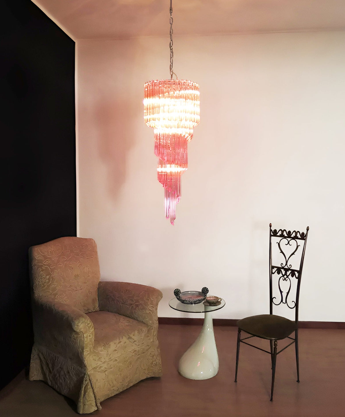 Chandelier  Spiral Prism Glass Hand-Cut Faceted Prisms Nickel Frame Pink Amber