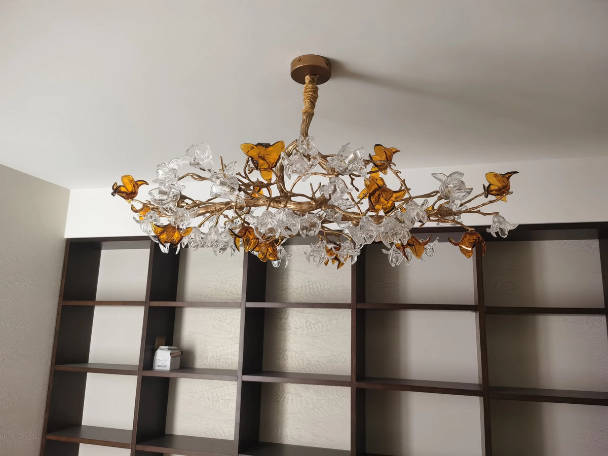 Designer Favorite Brass Branch Chandelier with Artistic Flower Glass for Dining Room Living Room and Kitchen Island