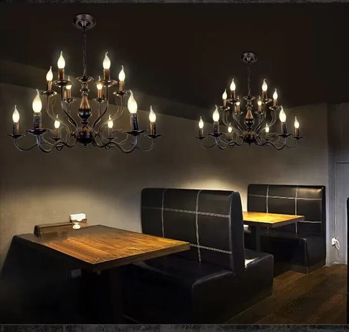 Multi Layer Iron Chandelier with Electronic Candles in Vintage Country Style for Living Room Cafe and Study