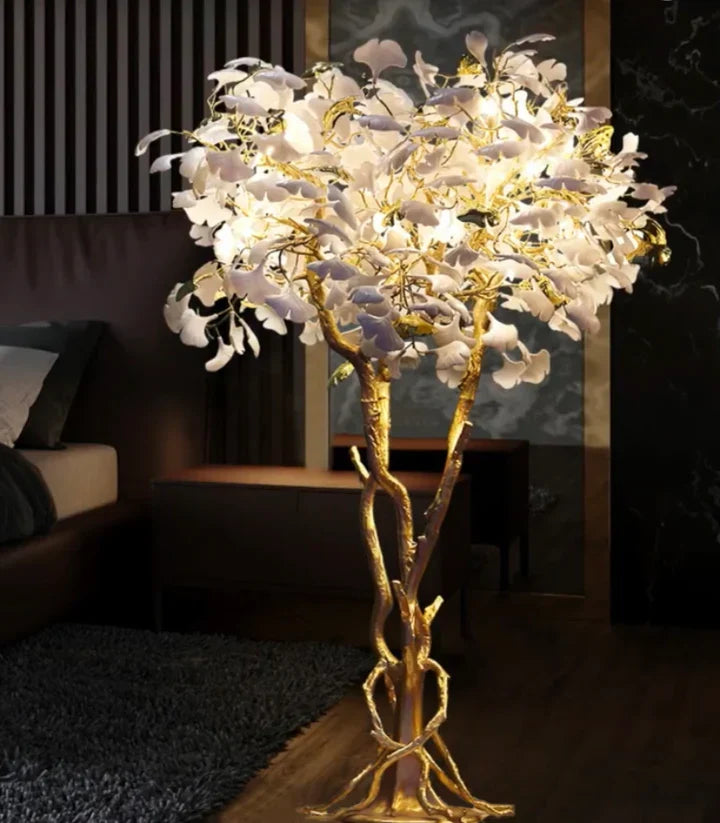 Luxury Creative White Ceramic Ginkgo Biloba Copper Branch Tree Floor Lamp for Living Room and Bedroom