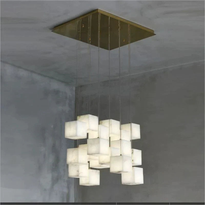 Olive Alabaster Cubic Round Pendant For Dining Table, Staircase