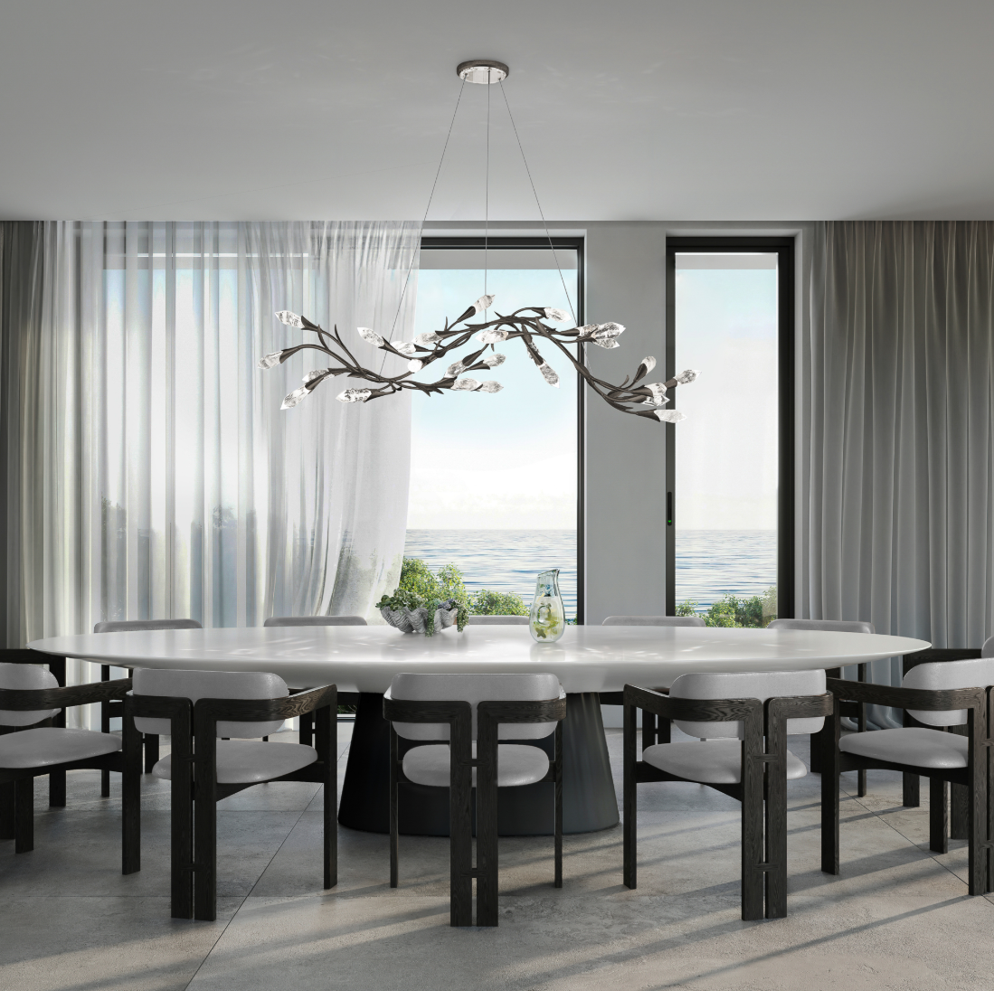 Modern Linear/Round Floral Branches Crystal Chandelier