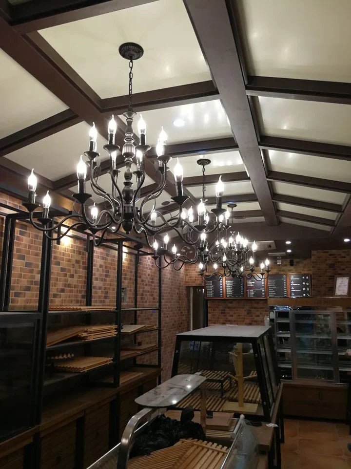 Multi Layer Iron Chandelier with Electronic Candles in Vintage Country Style for Living Room Cafe and Study