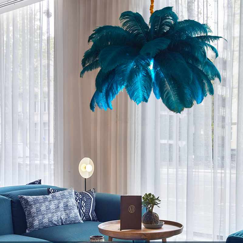 Art Deco Colorized Feather Brass Branch Chandelier