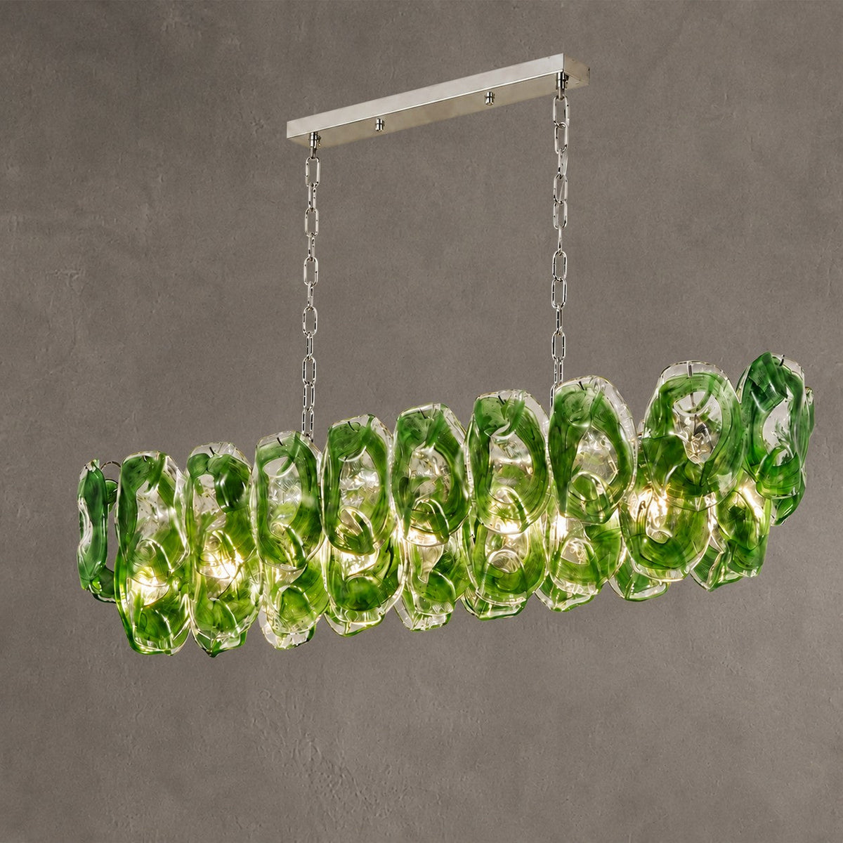 Chandelier Sculptural Green Glass Linear Style