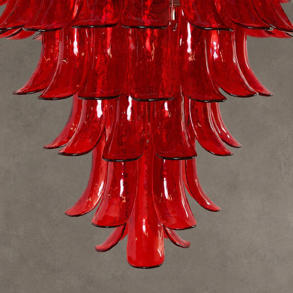 Chandelier  Glass Crimson Cascade Hand-Blown Murano-Style Seven-Tier Chrome