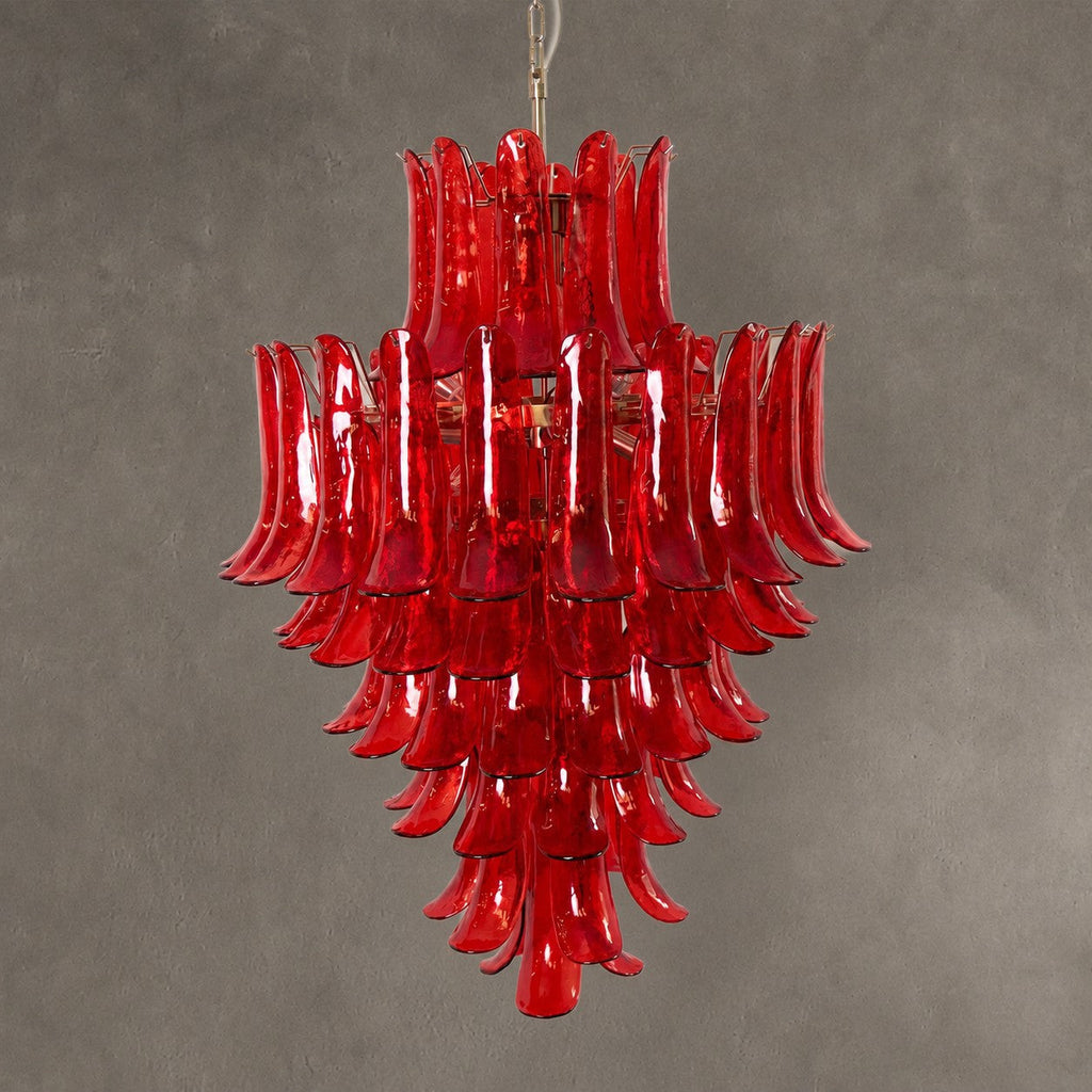 Chandelier  Glass Crimson Cascade Hand-Blown Murano-Style Seven-Tier Chrome