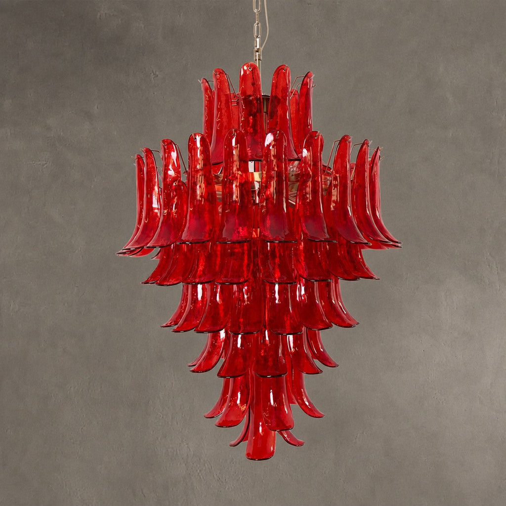 Chandelier  Glass Crimson Cascade Hand-Blown Murano-Style Seven-Tier Chrome