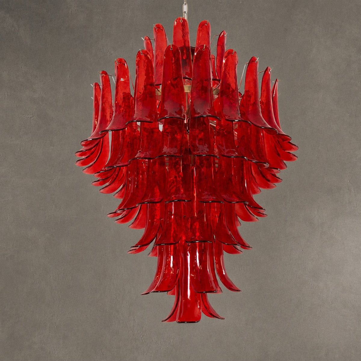 Chandelier  Glass Crimson Cascade Hand-Blown Murano-Style Seven-Tier Chrome
