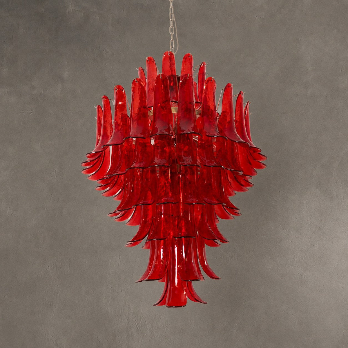 Chandelier  Glass Crimson Cascade Hand-Blown Murano-Style Seven-Tier Chrome