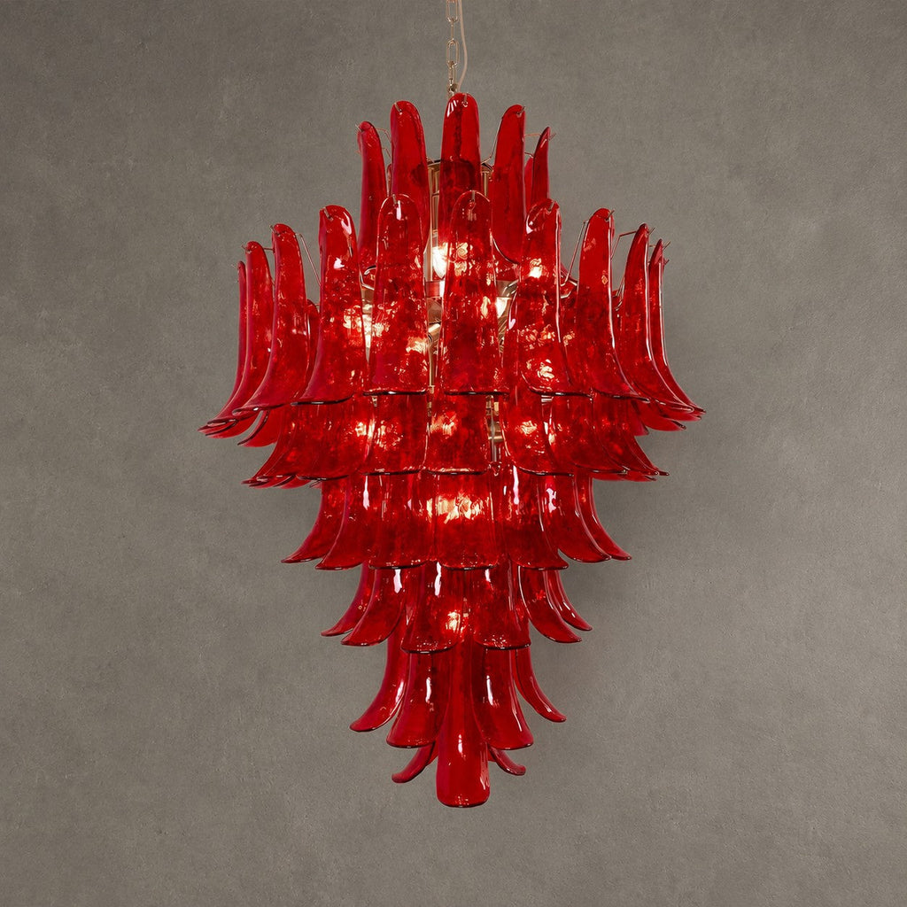 Chandelier  Glass Crimson Cascade Hand-Blown Murano-Style Seven-Tier Chrome